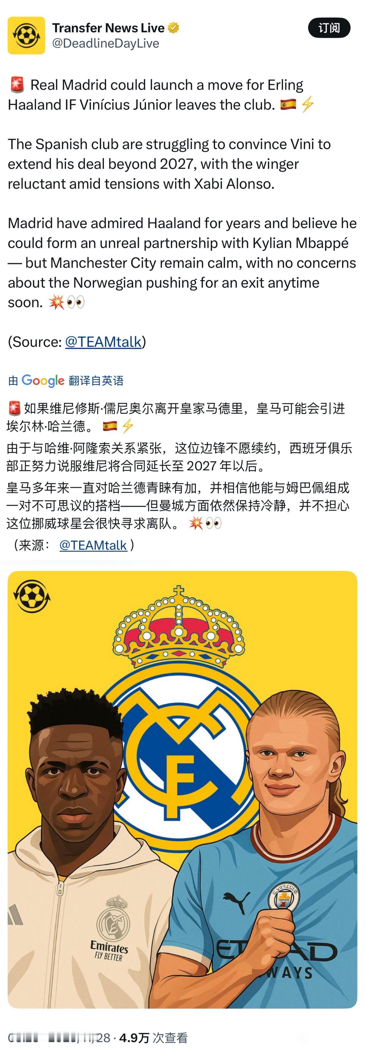 外网重磅新闻，说威尼修斯离队，皇马将引进哈兰德！这个新闻震撼了，因为皇马没钱