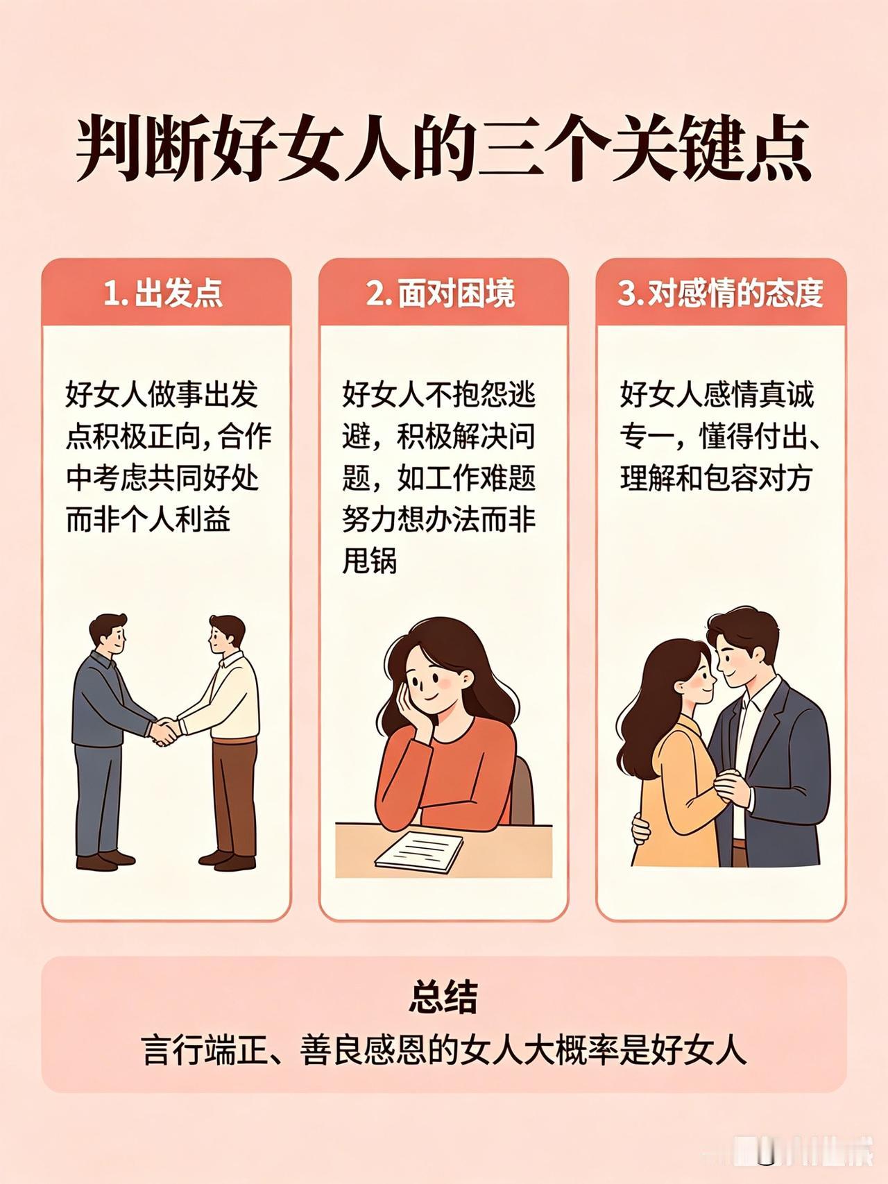 判断一个女人是不是好女人，不用试探，看这几点就行。先看出发点。好女人做事出发点