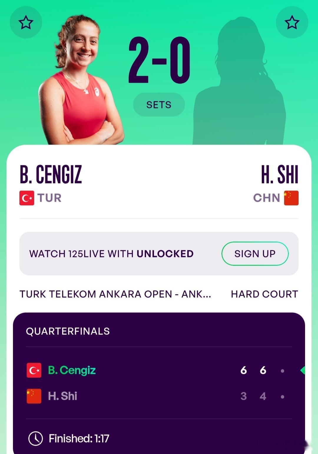 WTA125安卡拉站🇹🇷女单8进4施晗🇨🇳3-6/4-6不敌坚吉兹🇹?