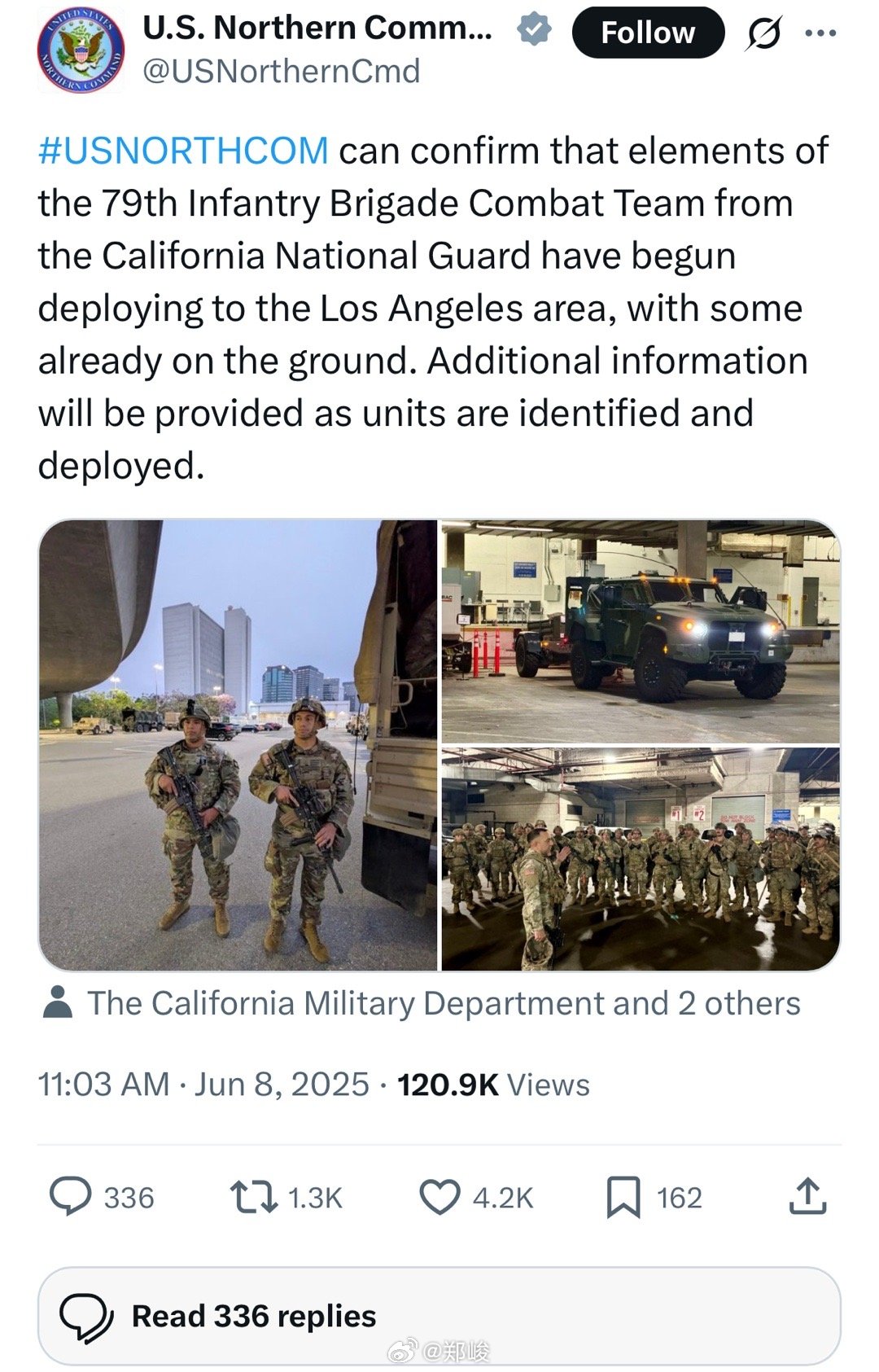 美国北方司令部宣布，加州国民警卫队第79步兵旅战斗队的部分部队已开始部署至洛杉矶
