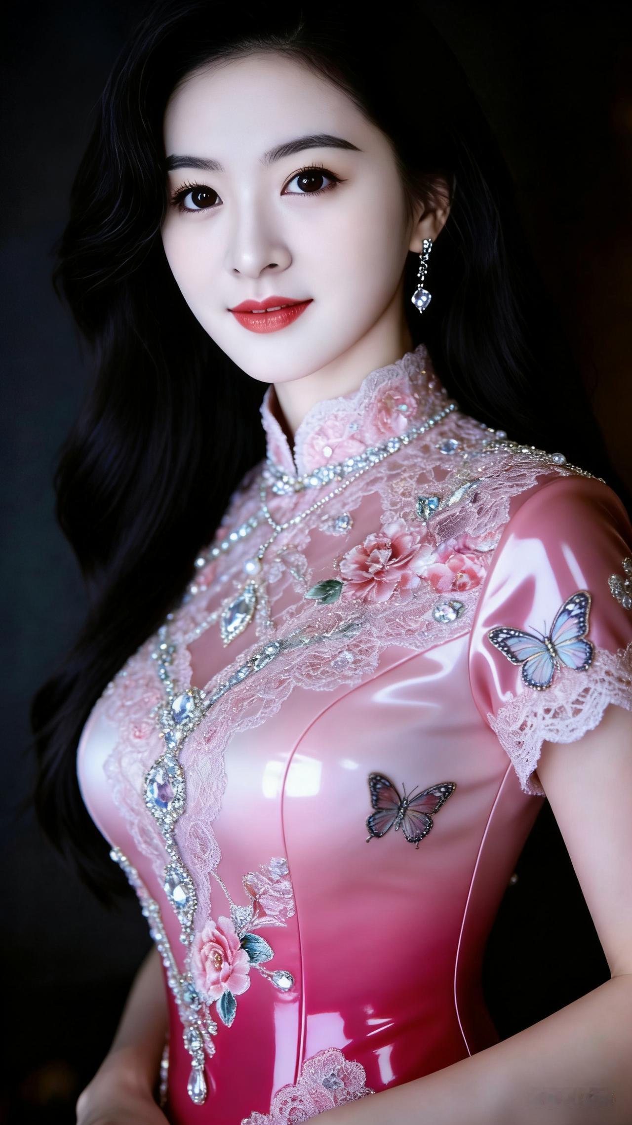 高挑美女着紧身亮面漆皮连衣裙，采用梦幻粉红渐变底色，裙身精致缀满蕾丝、水晶、立体