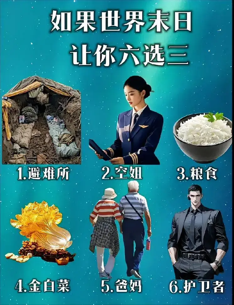 如果你遇到世界末日了，图中六项选三，你会怎么选？