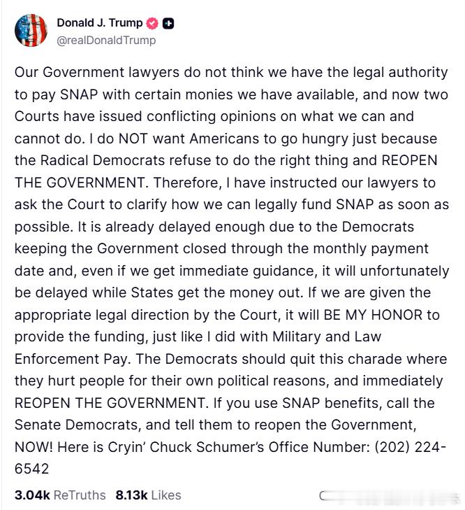 【黄金时代】川普疑惑，两家法院给了他在政府停摆期间，如何发放营养援助计划的矛盾意
