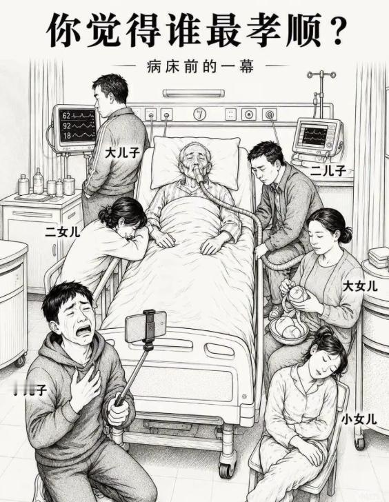 病床前大型“孝心表演现场”。老父亲躺在病床上插着管子，几个子女各忙各的。大