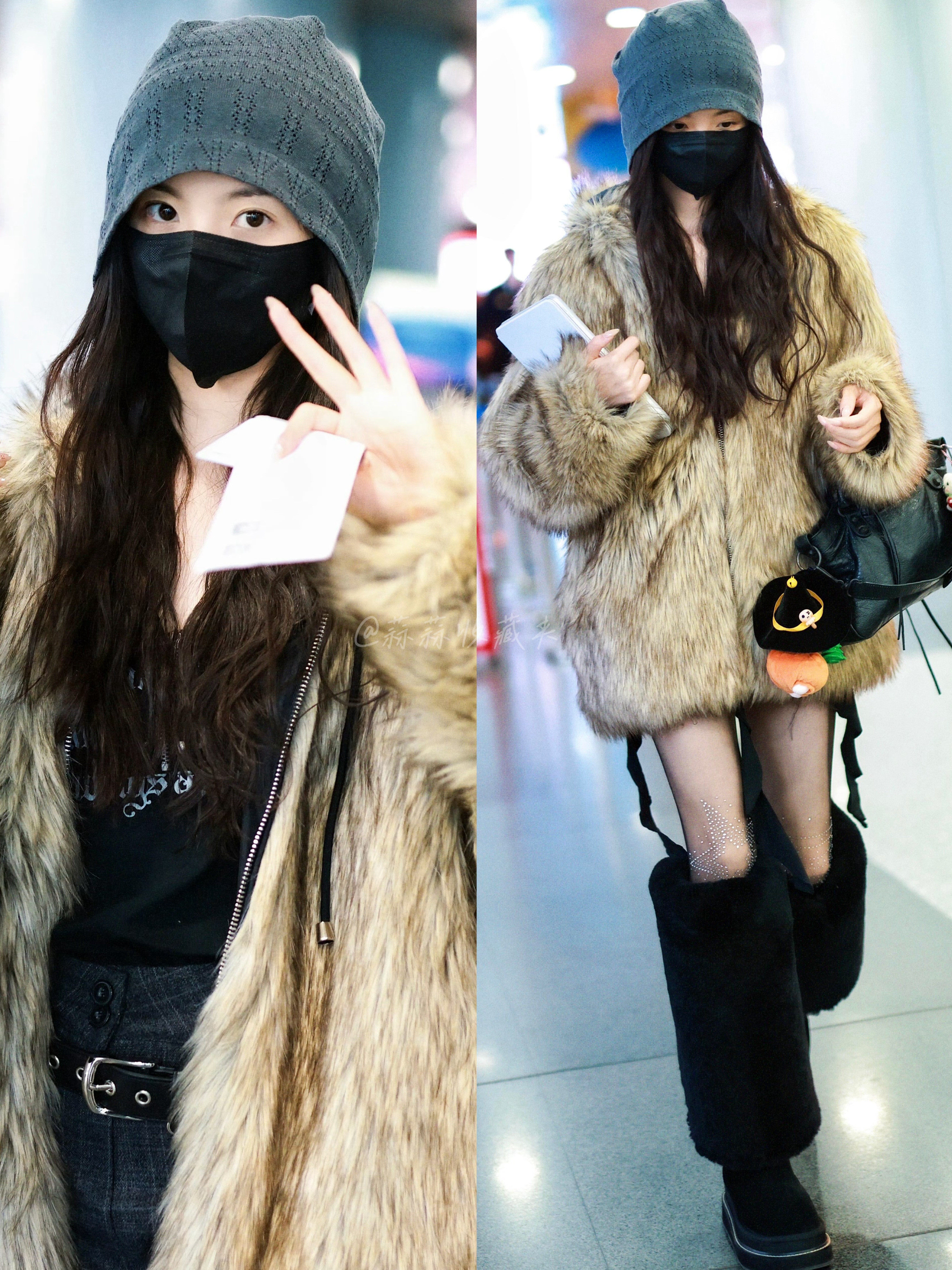 杨超越今日机场穿搭好辣的小🐑，毛茸茸的皮草看着也感觉很暖和🥺