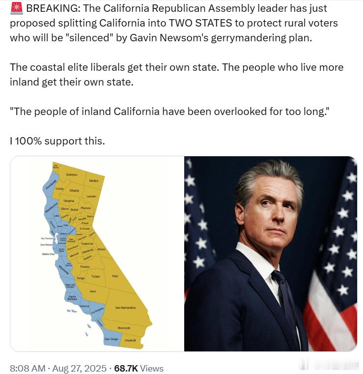 加州共和党议会领袖刚刚提议将加州分为两个州，以保护那些将在加文·纽森操纵选区计划
