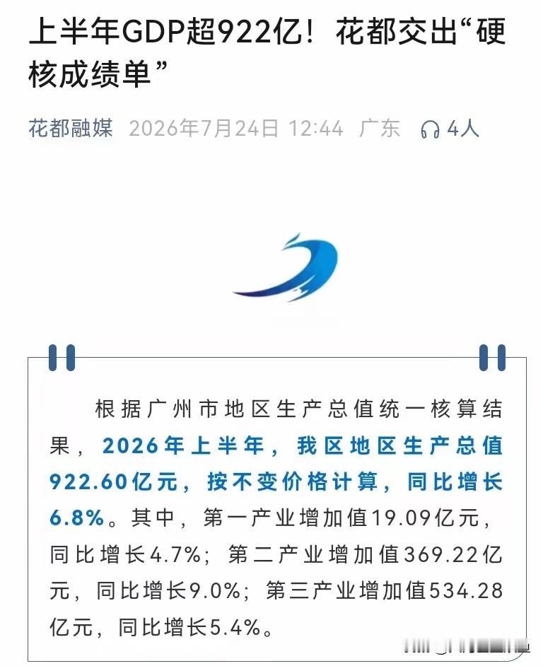 花都上半年GDP完整数据对外公布，整体增速没能追上广州全市平均水准，但这份成绩单