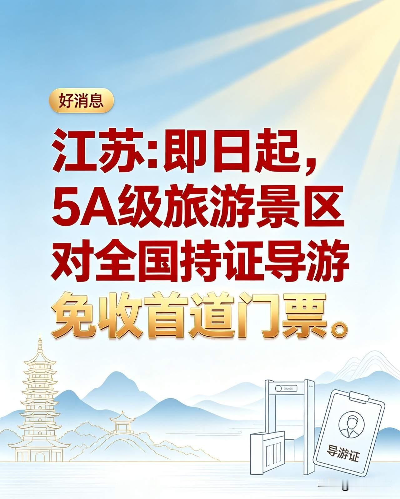江苏省先人一步，对全国导游免费开放所有5A景区。好消息来了，昨天，江苏