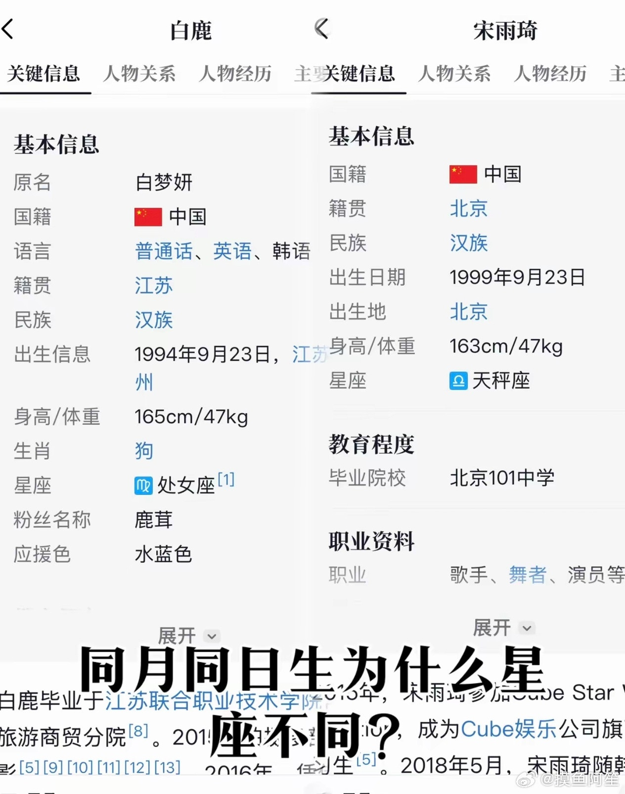 白鹿和宋雨琦出生日期是同一天，为什么星座不一样呢？​​​