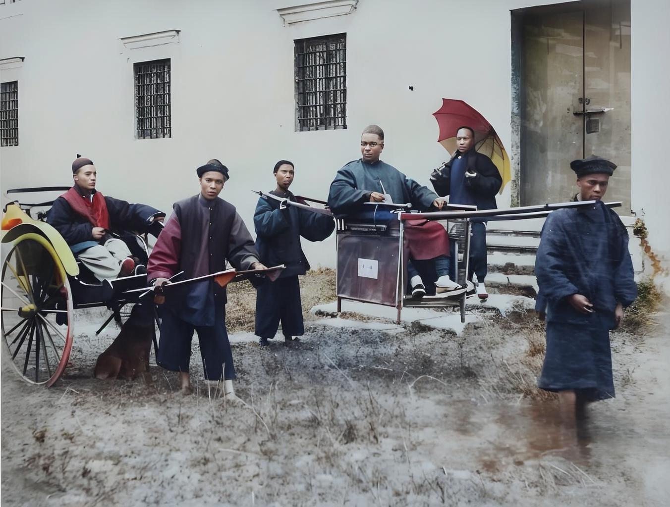 1880年，轿夫抬轿（一种简陋的轿子，没有顶部）和人力车，展示了两种出行方式。
