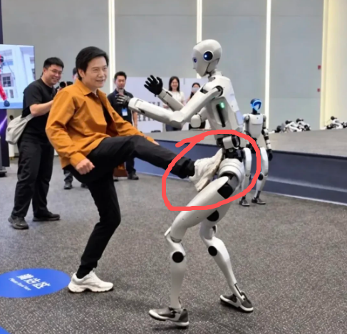 雷军这一脚下去，结结实实踹疼了谁？雷军踹出去那一脚，机器人往后退了三四步，晃了晃，最后站住了。旁边有