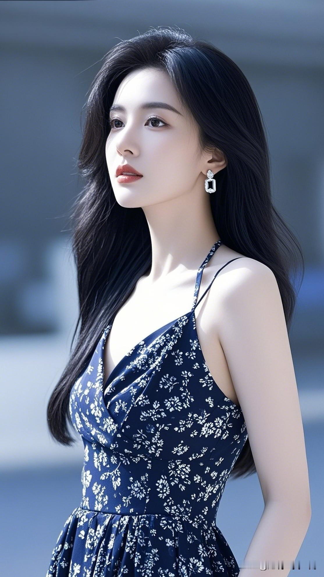 玉人如花影，风姿似水仙。有哪些女生日常好看的穿搭可以借鉴优雅黑发少女，蓝花裙装