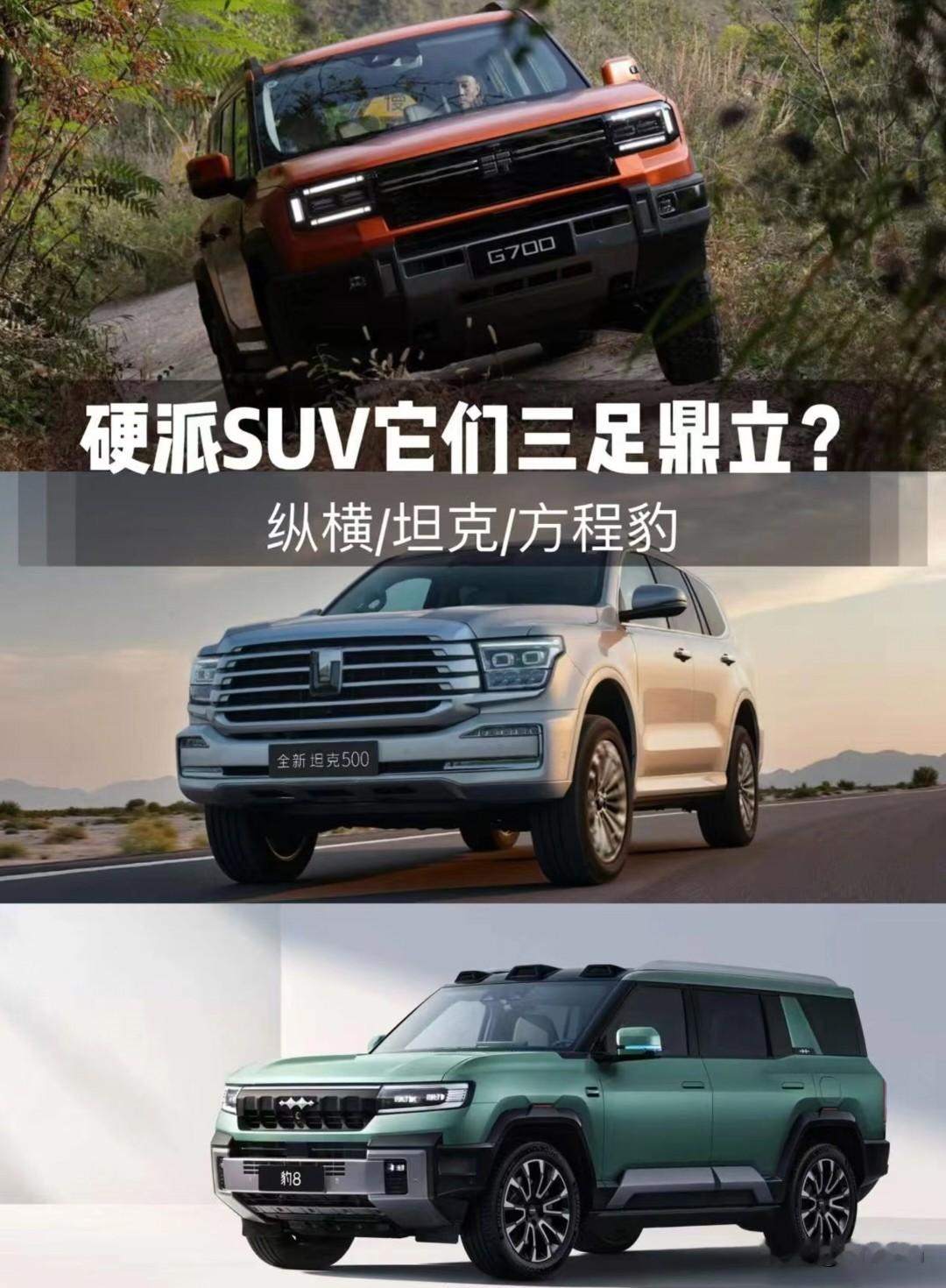 最近想换能兼顾全家出行和野地撒欢的硬派SUV，把坦克500Hi4-Z、方程豹豹8、纵横G700这三台