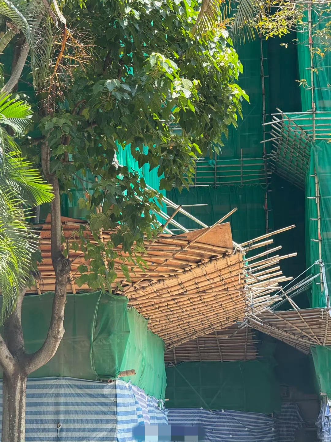 网友此前拍摄的香港宏福苑竹脚手架细节：竹子密密麻麻。图2显示还把住户的窗户用泡沫