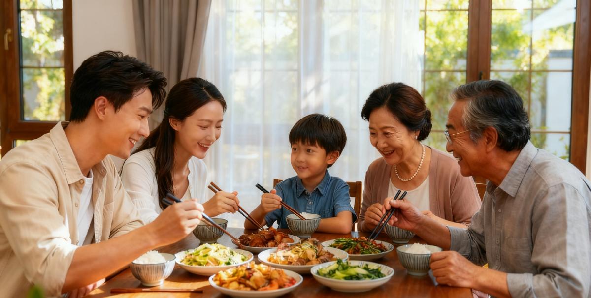 午饭吃到一半，小家伙突然抬头盯着他爸：“爸爸，你作业写完了吗？”他爸筷子悬在