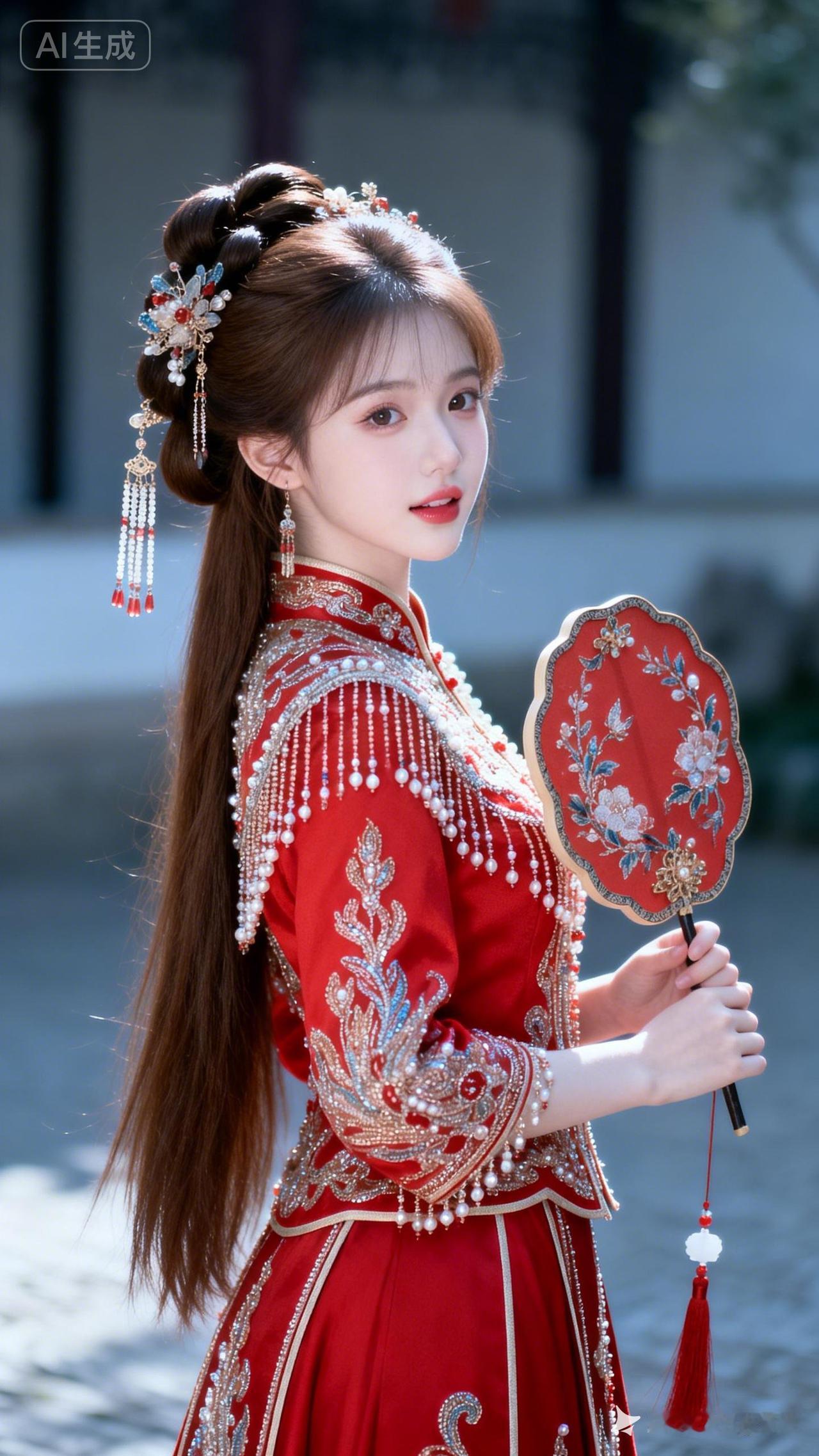 穿越时空的古典美人，红衣华裳，古韵犹存。