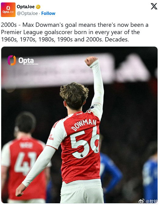 阿森纳2比0埃弗顿OPTA还提供了一组有趣的数据，道曼进球后，从60后到00后