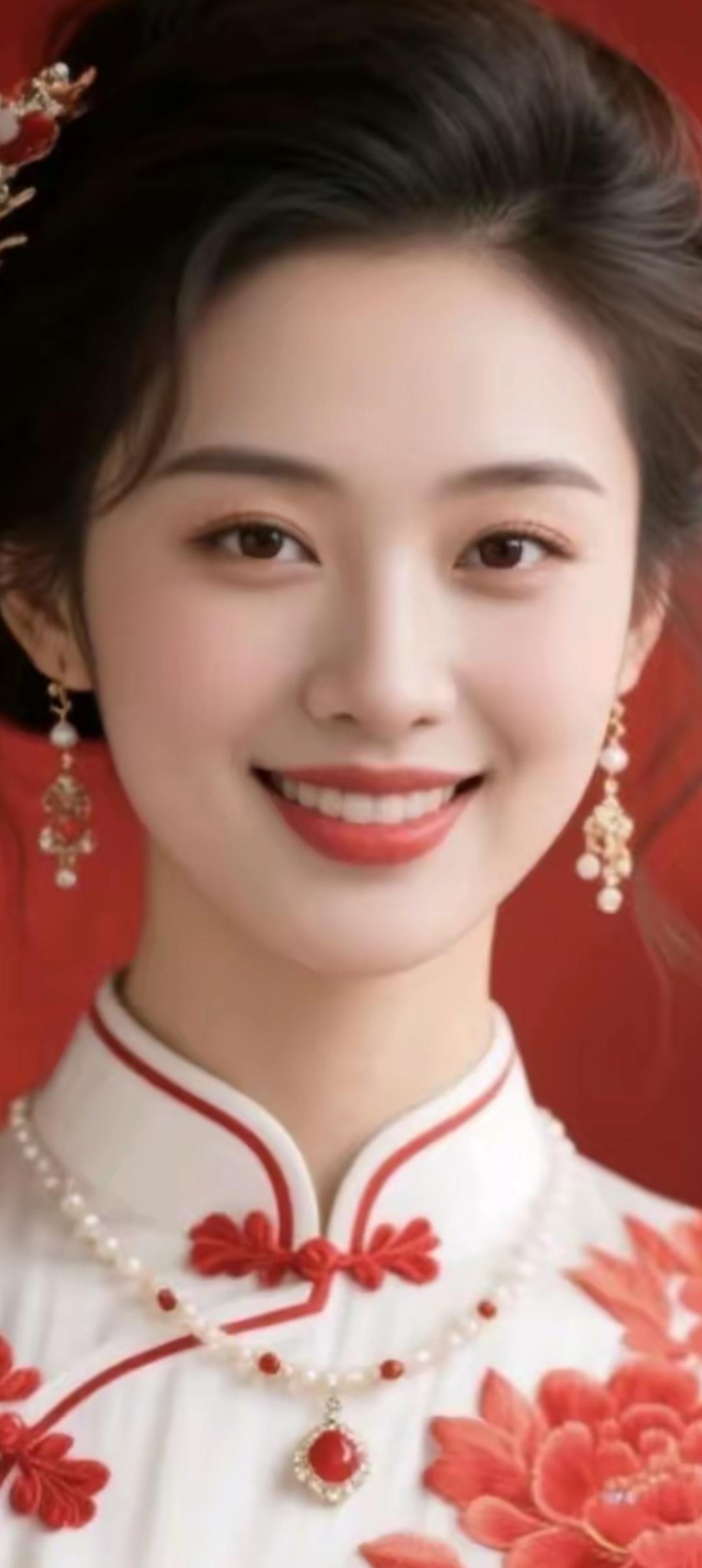 优雅的新娘装，精致妆容，红唇微笑，幸福满满！