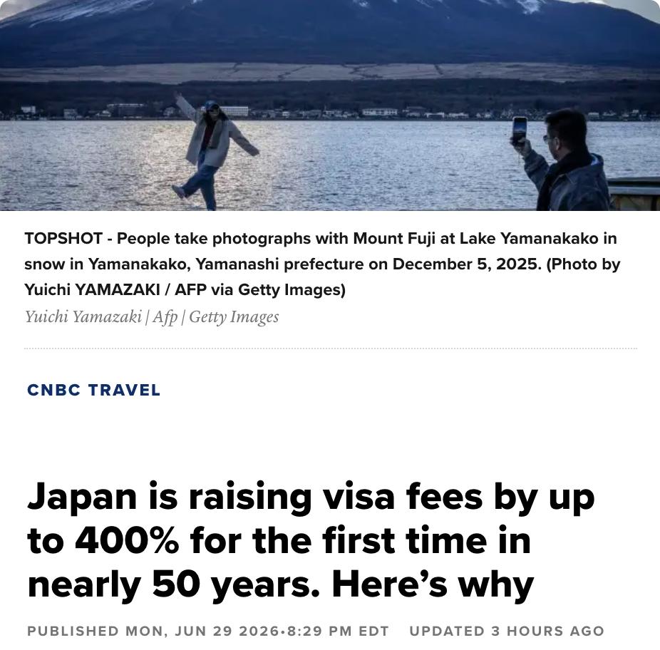 美媒：日本自1978年以来首次上调签证费用，涨幅高达400%单次入境签证从3