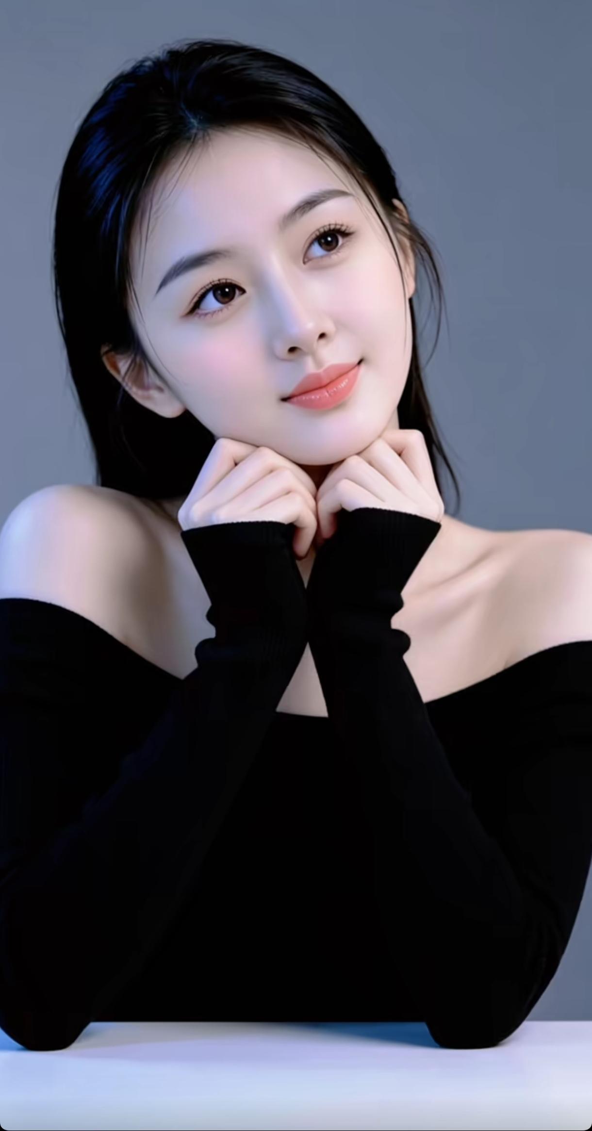 黑发少女，优雅微笑，黑衣配白桌，温柔动人时尚穿搭之美少女美照分享黑衣少女微笑写