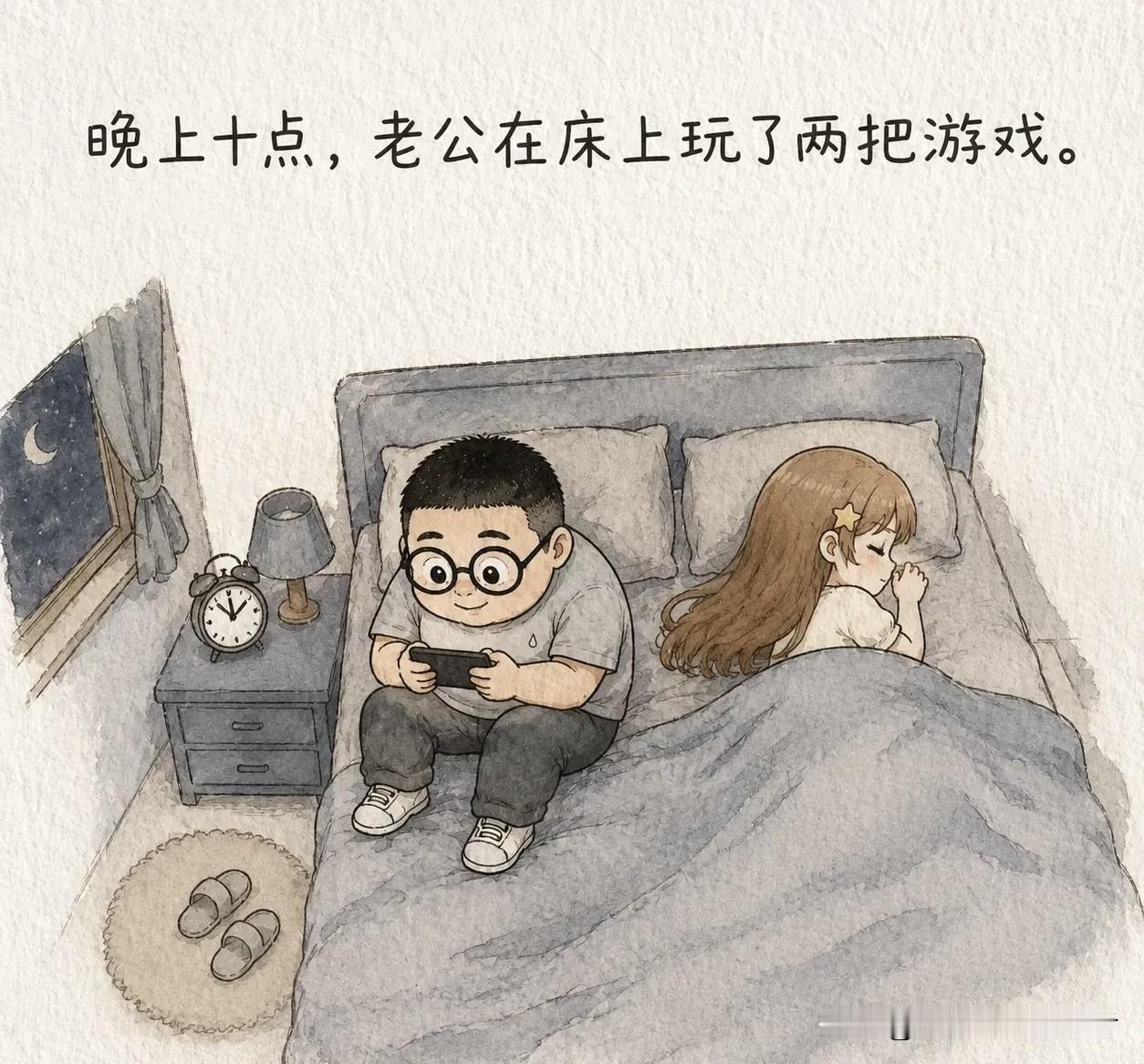 分享你喜欢的漫画：晚上十点，我在床上玩了两把游戏。我看到老婆背对着躺着，我小心翼