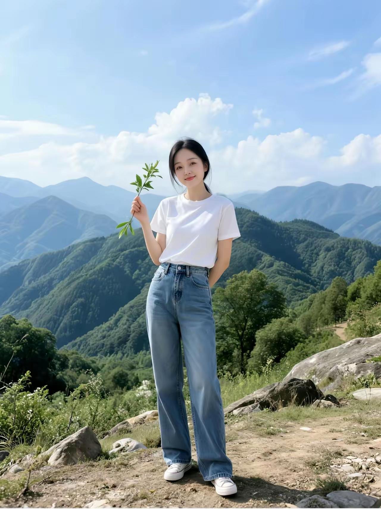 山间少女，绿意盎然，清新自然