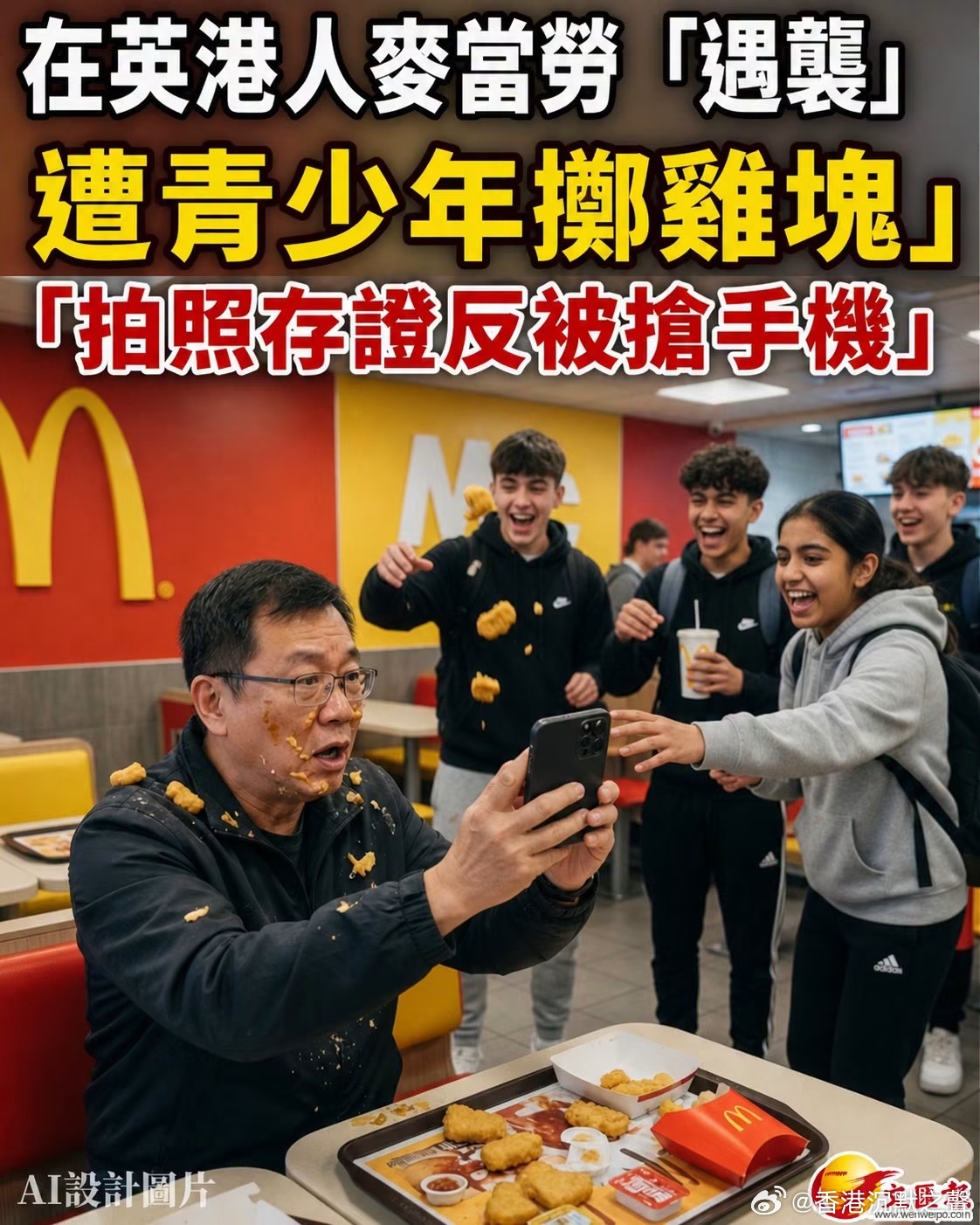 【在英港人麥當勞「遇襲」遭當地青少年擲雞塊拍照存證反被搶手機】近日有港人於社