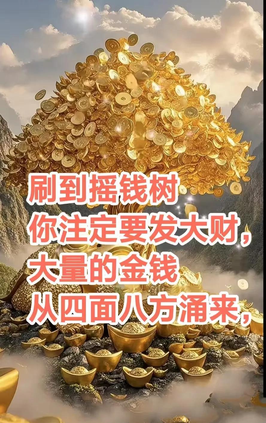 刷到摇钱树，你注定要发大财，大量的金钱，从四面八方涌来，你越来越有钱，钱财从