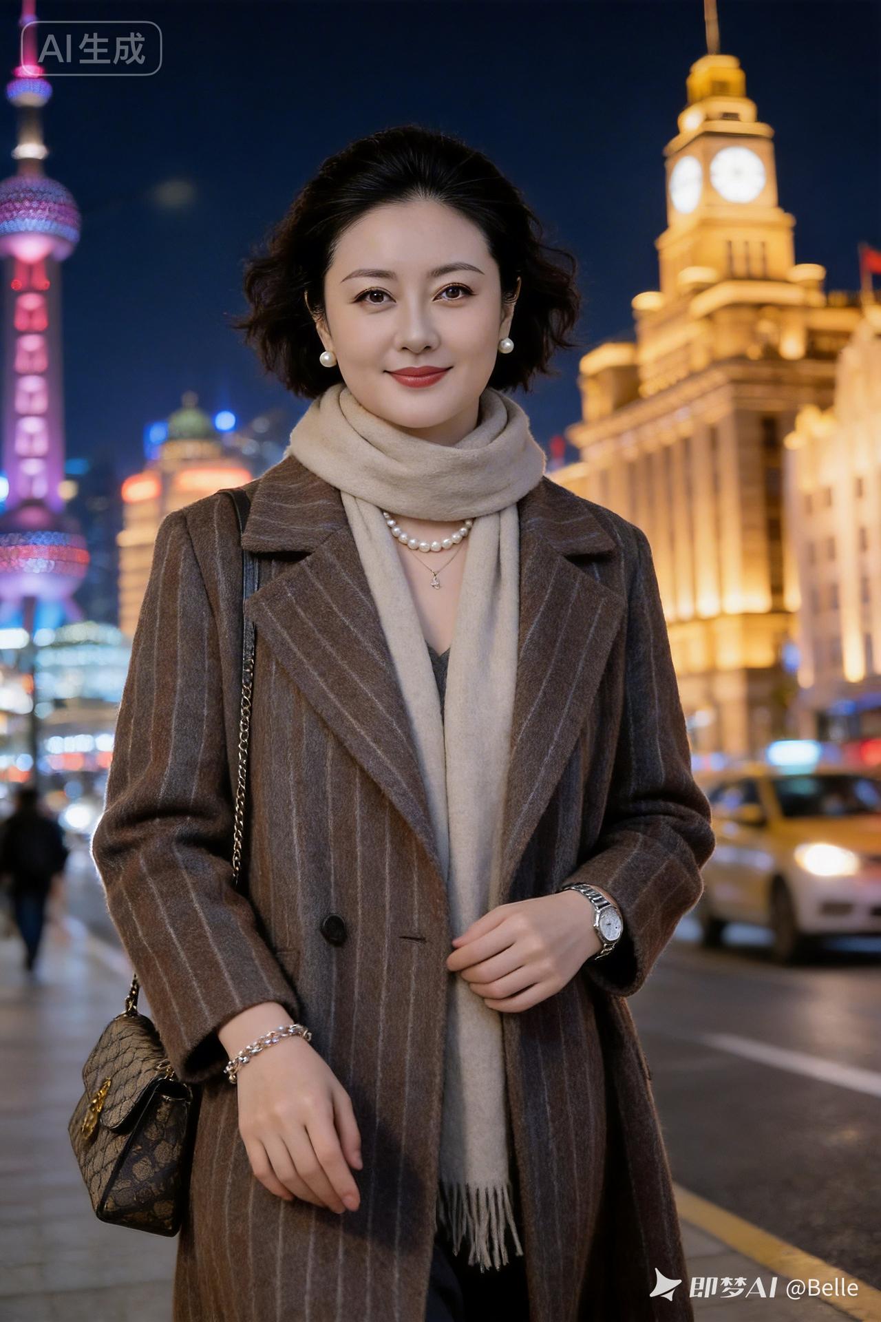 夜晚上海街头，优雅女性穿搭，时尚与都市夜景完美融合。