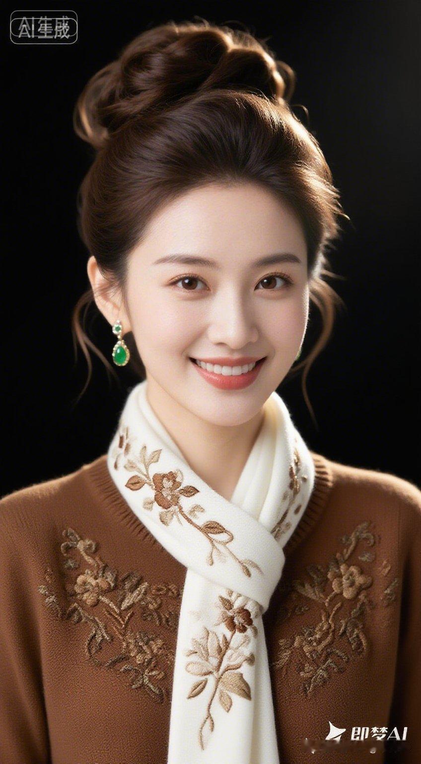 中国绝色美人，肌肤白皙细腻光滑，高盘微卷长发，佩戴精致项链耳环。身着咖色绣花毛衣