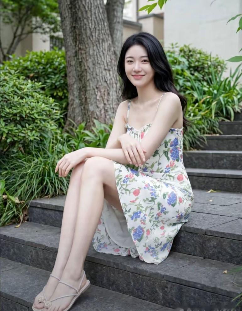 碎花连衣裙的美女笑容很甜美这是对幸福生活的向往