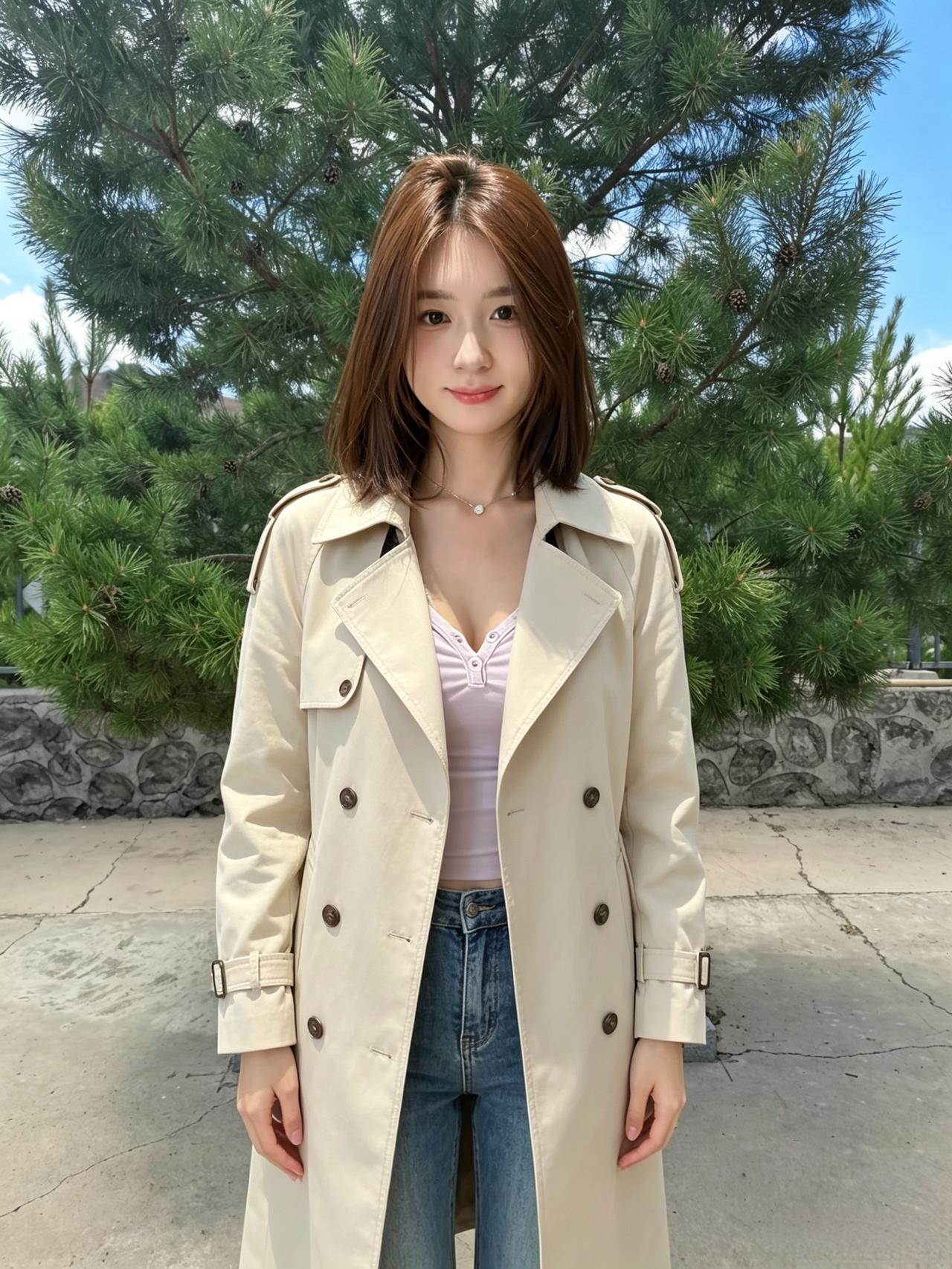 松针的影子落在你的风衣上短发和阳光撞了个满怀浅紫的内搭像未醒的梦你走过水泥