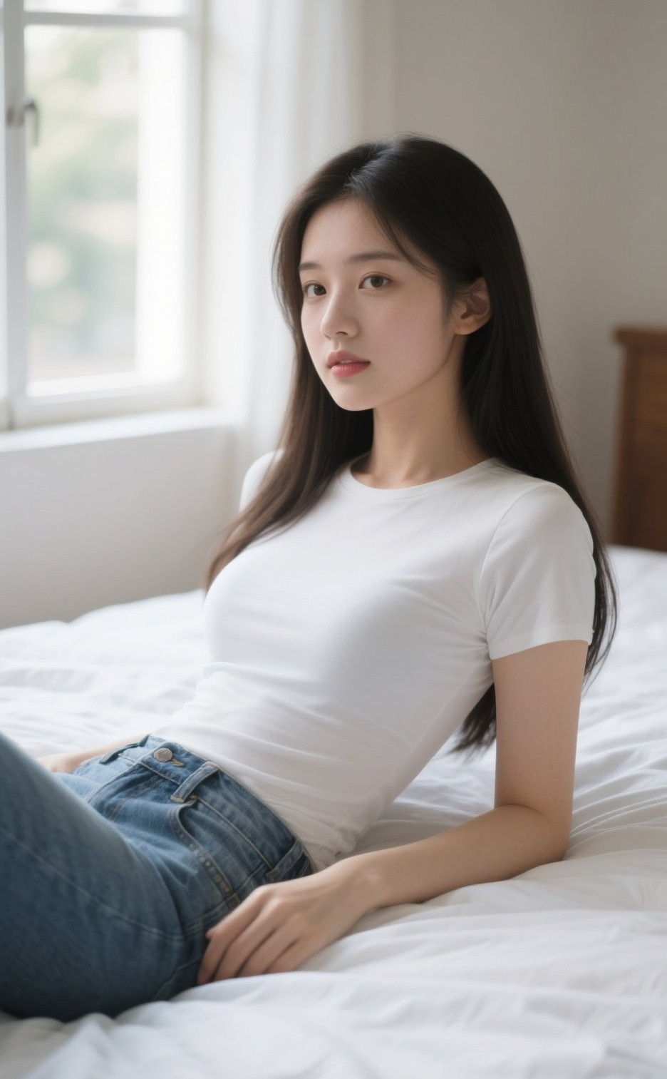 俏皮美眉居家自拍，牛仔裤搭出甜美风格