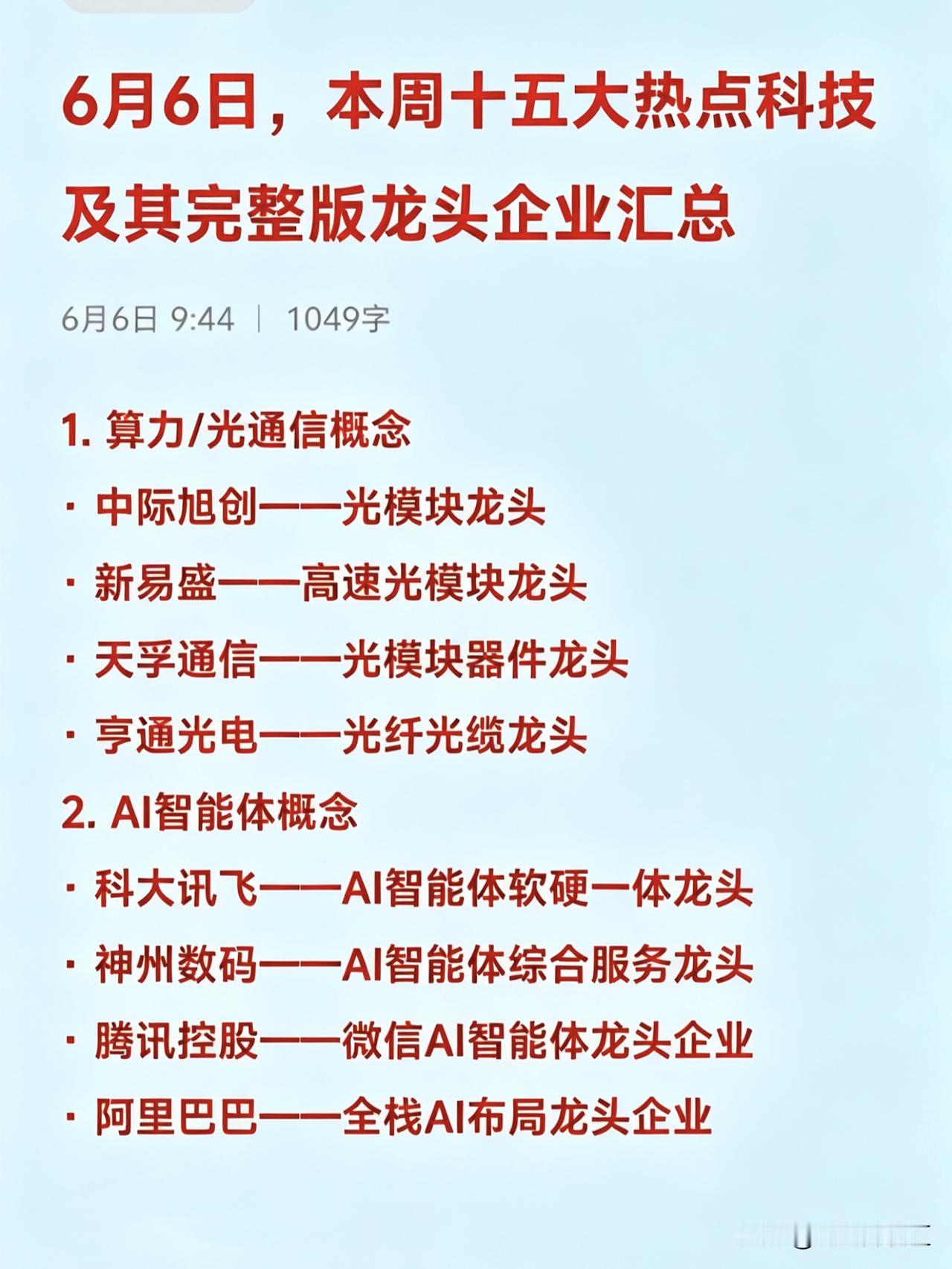6月6日，本周十五大热点科技及其完整版龙头企业汇总1.算力/光通信·中