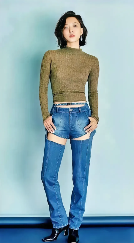 王珞丹，身高169cm，好美啊！就是这牛仔裤有点别扭，到底是短裤还是长裤呢？傻傻