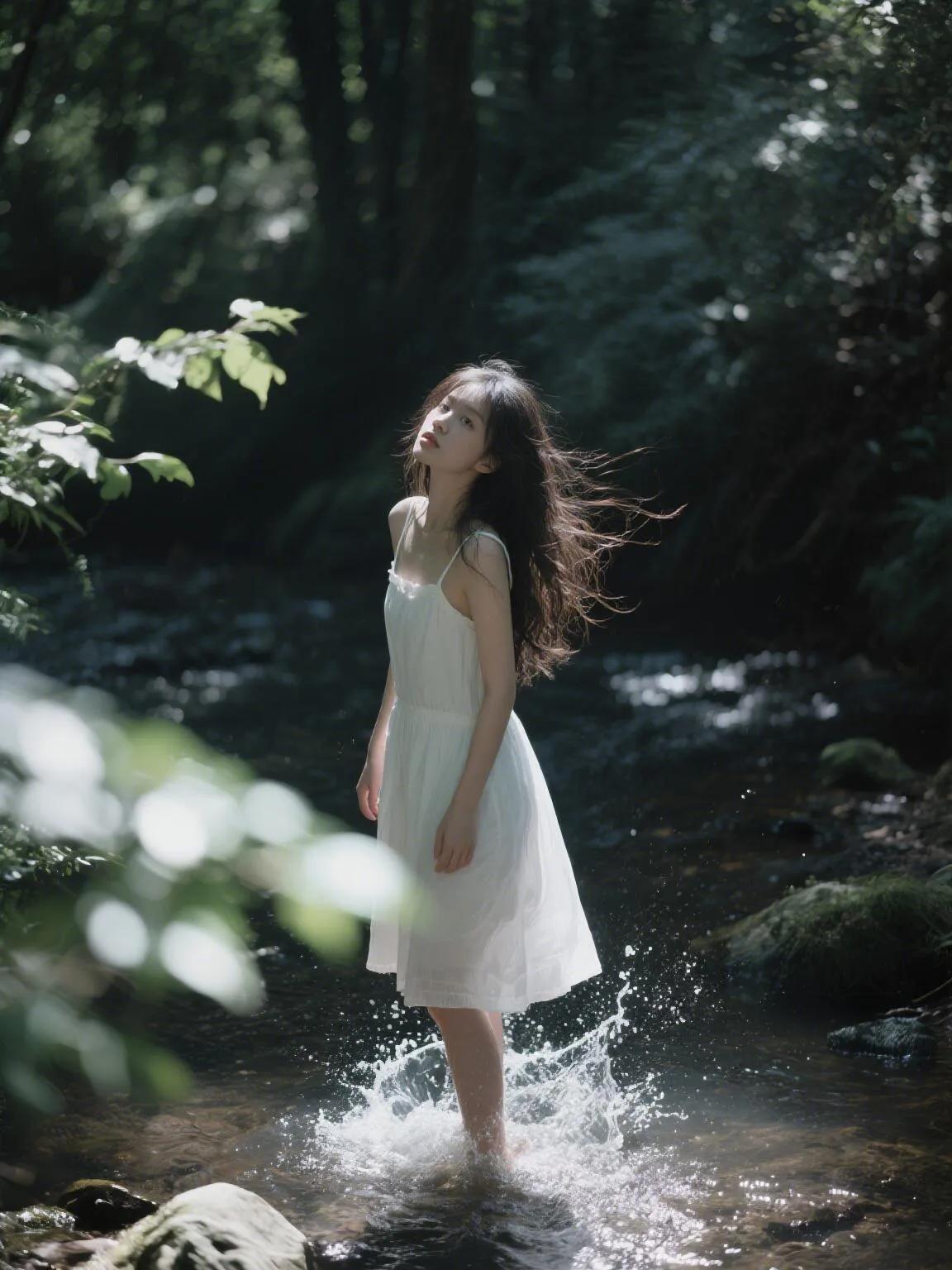 这组溪边少女人像摄影，将自然与人物完美融合。画面以潺潺溪流为背景，少女身着素白吊