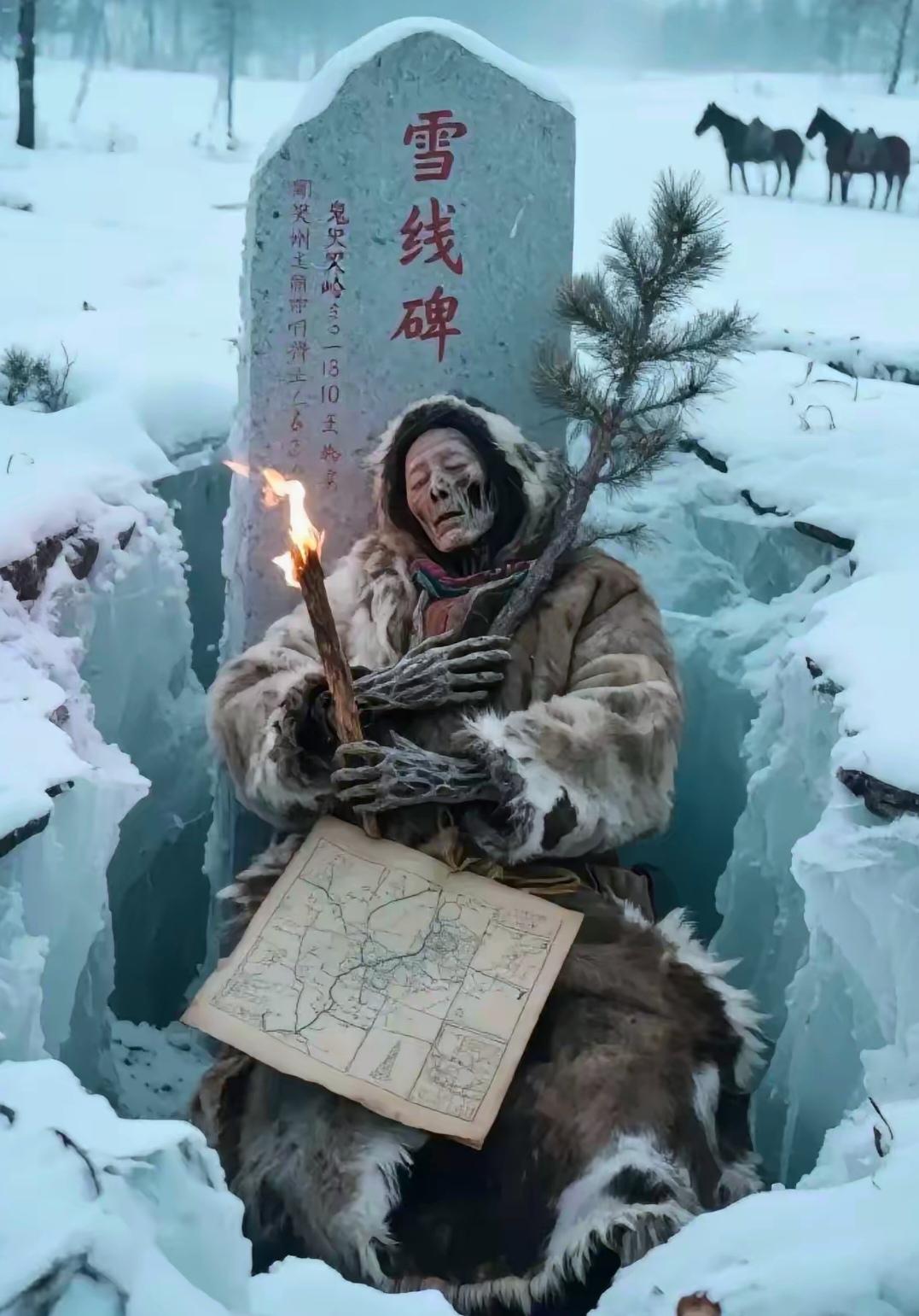黑龙江漠河惊现“雪线碑！林场伐木炸山，冻土裂开一道冰窟，内立一具身披兽皮的枯尸，