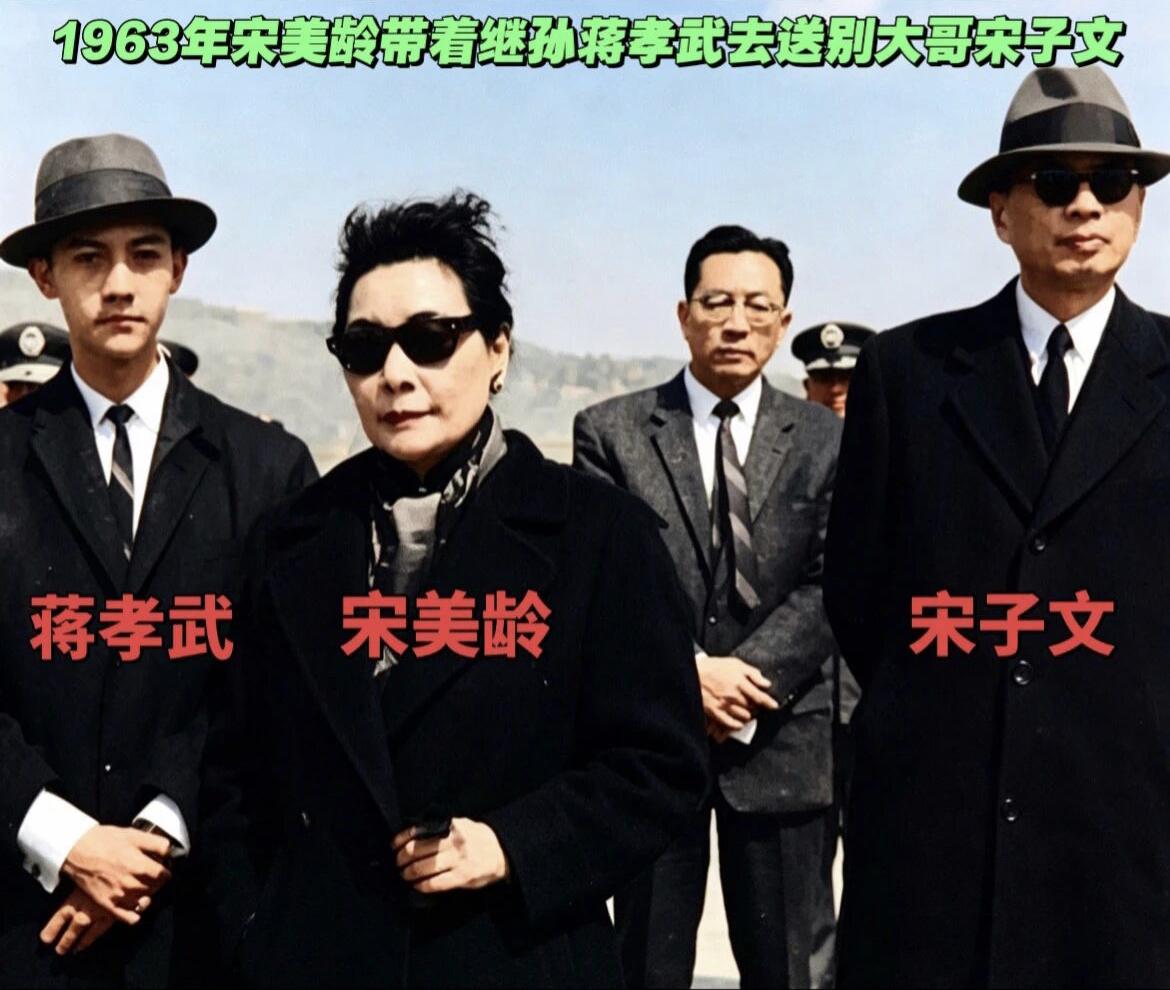 老照片：1963年2月，宋美龄（左2）带着次孙蒋孝武（左1）去送别大哥宋子文（左
