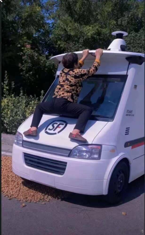 大妈抡起铲子，爆了顺丰无人驾驶的金币……有一说一。现在的智驾无法分辨地面这种晾晒