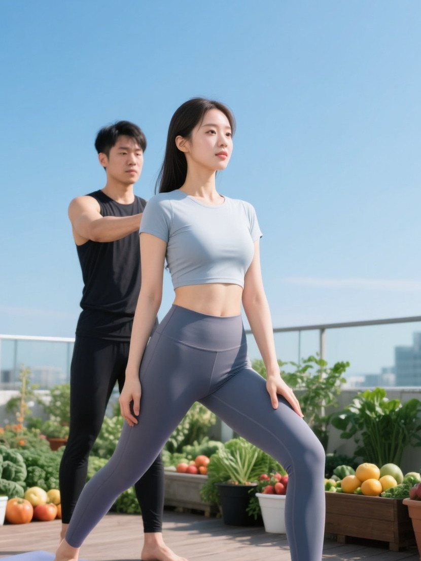 清纯美眉瑜伽秀，天台光影衬温柔