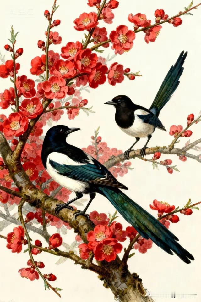 红梅花枝堆得稠，俩鹊蹲梢瞅对头。风撩花瓣轻轻晃，秋千飘荡鸟无忧。