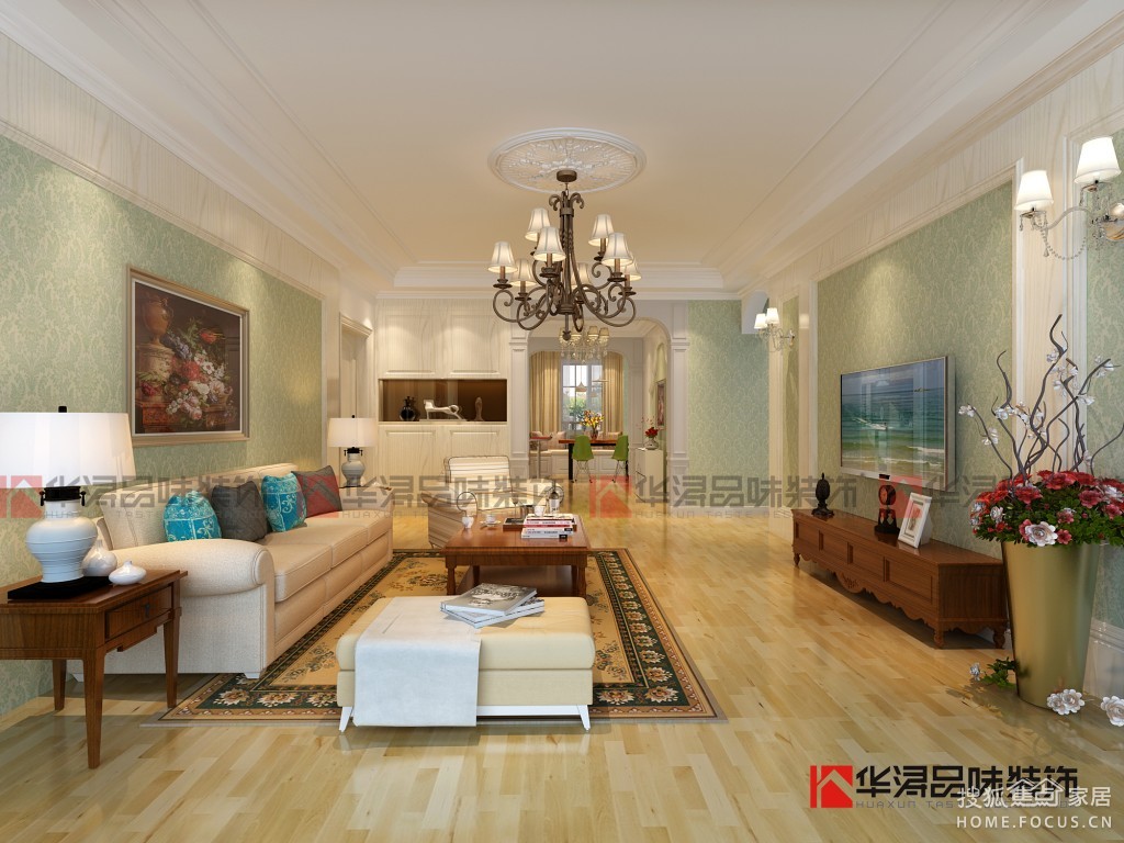 本案设计风格为古典欧式,挑高的客厅搭配温润石材线条罗马柱造型,既要