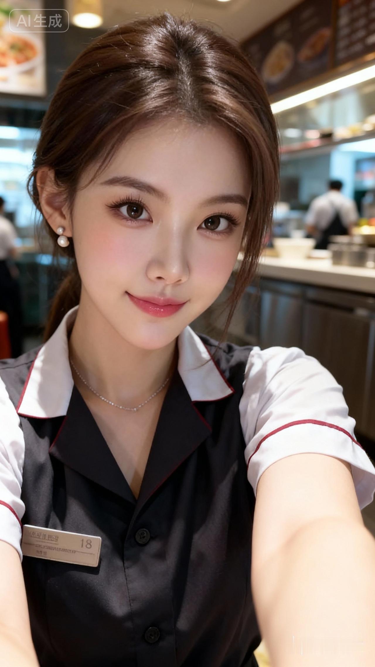 18岁超美服务员，五官端正，精致妆容，高挑身材，细腻陶瓷水嫩肌肤，冷白皮，随机时