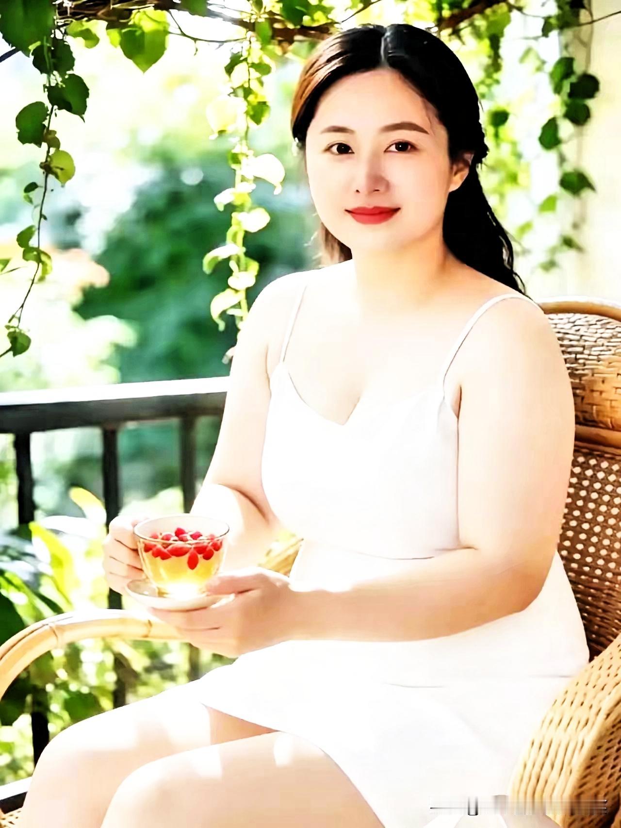 阳光明媚，她正悠闲地喝茶。