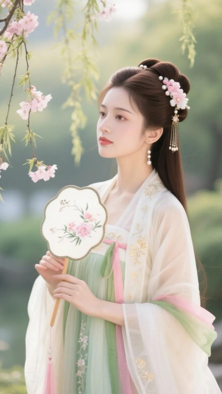 古风少女，手持团扇，花枝招展，韵味十足。