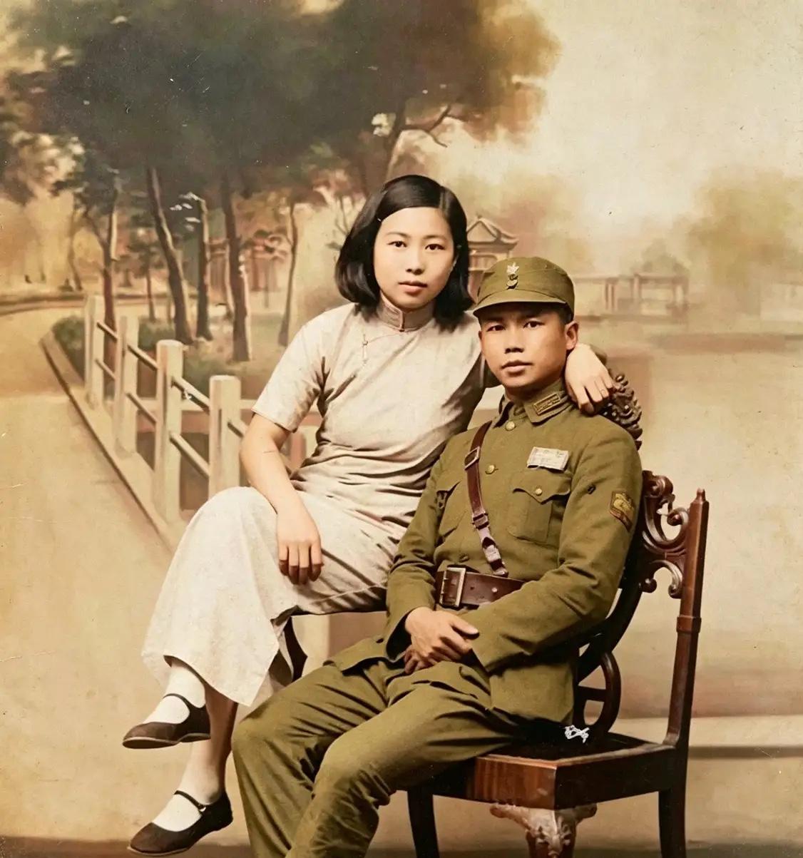 1937年淞沪会战前，德械88师上校团长韩宪元与夫人符梅英的珍贵合影，韩宪元是黄