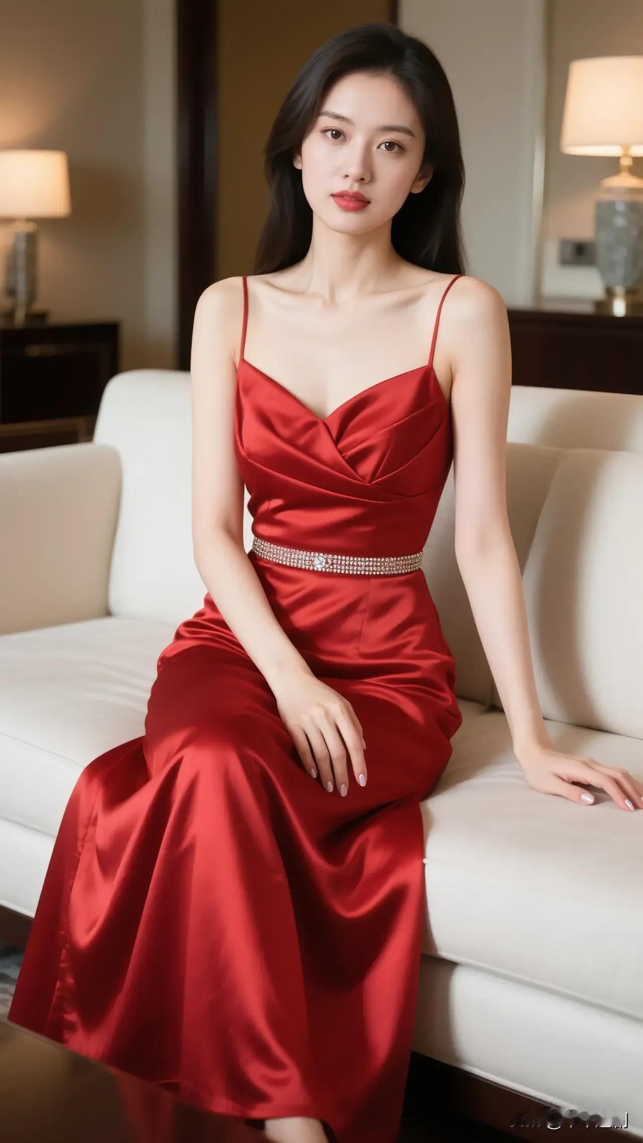 什么样的穿搭可以成为气质女神?正红缎面吊带礼裙衬着轻奢客房，钻饰腰封揉出明艳又