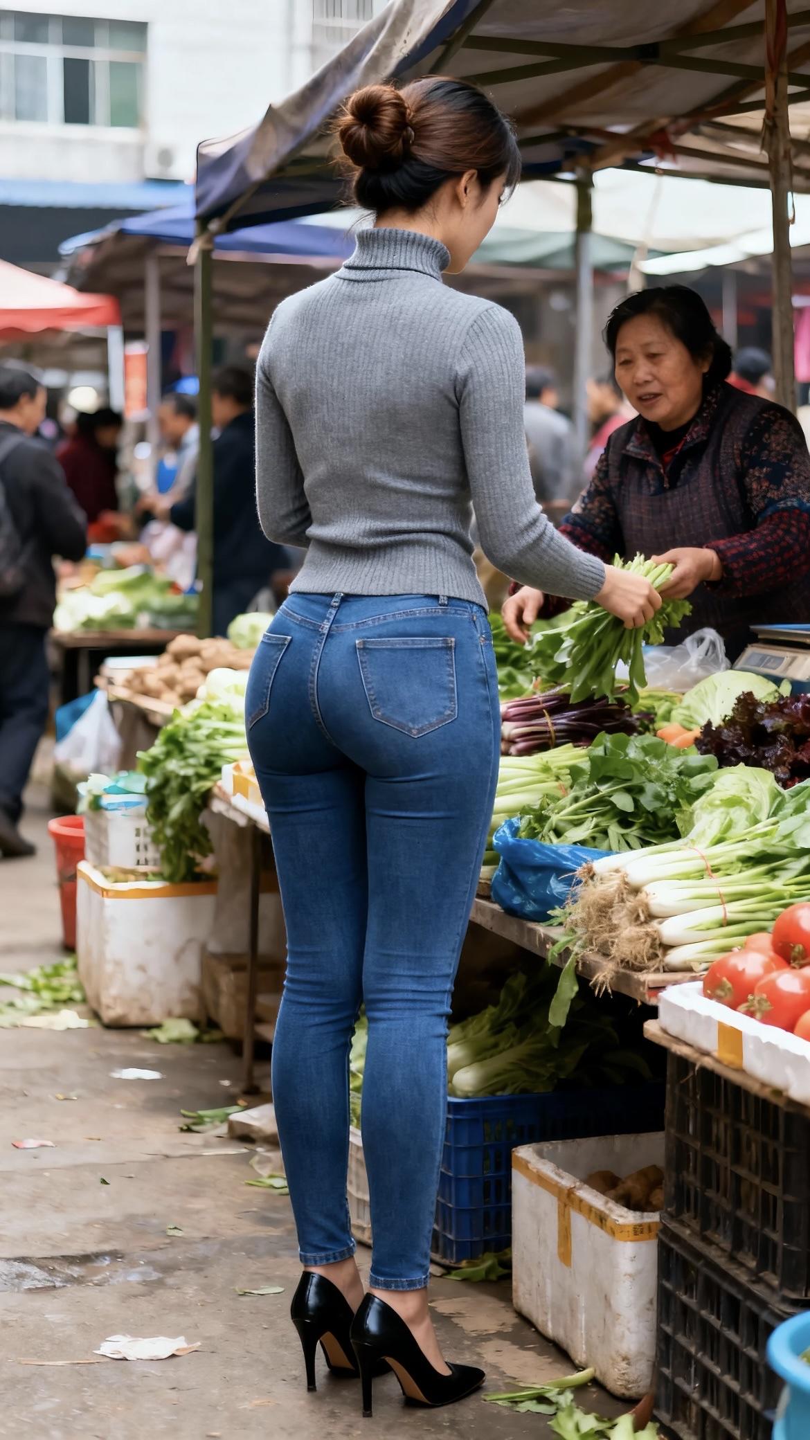 喧腾的市井气漫过菜市的摊位，鲜绿的蔬菜在台面上铺展着生机，红亮的番茄坠在筐边漾着