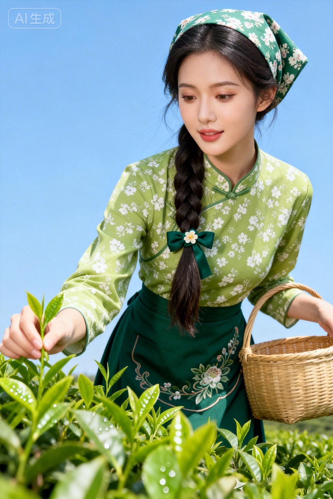 茶园里的少女，采摘春天的嫩芽，清新自然，美好时光。