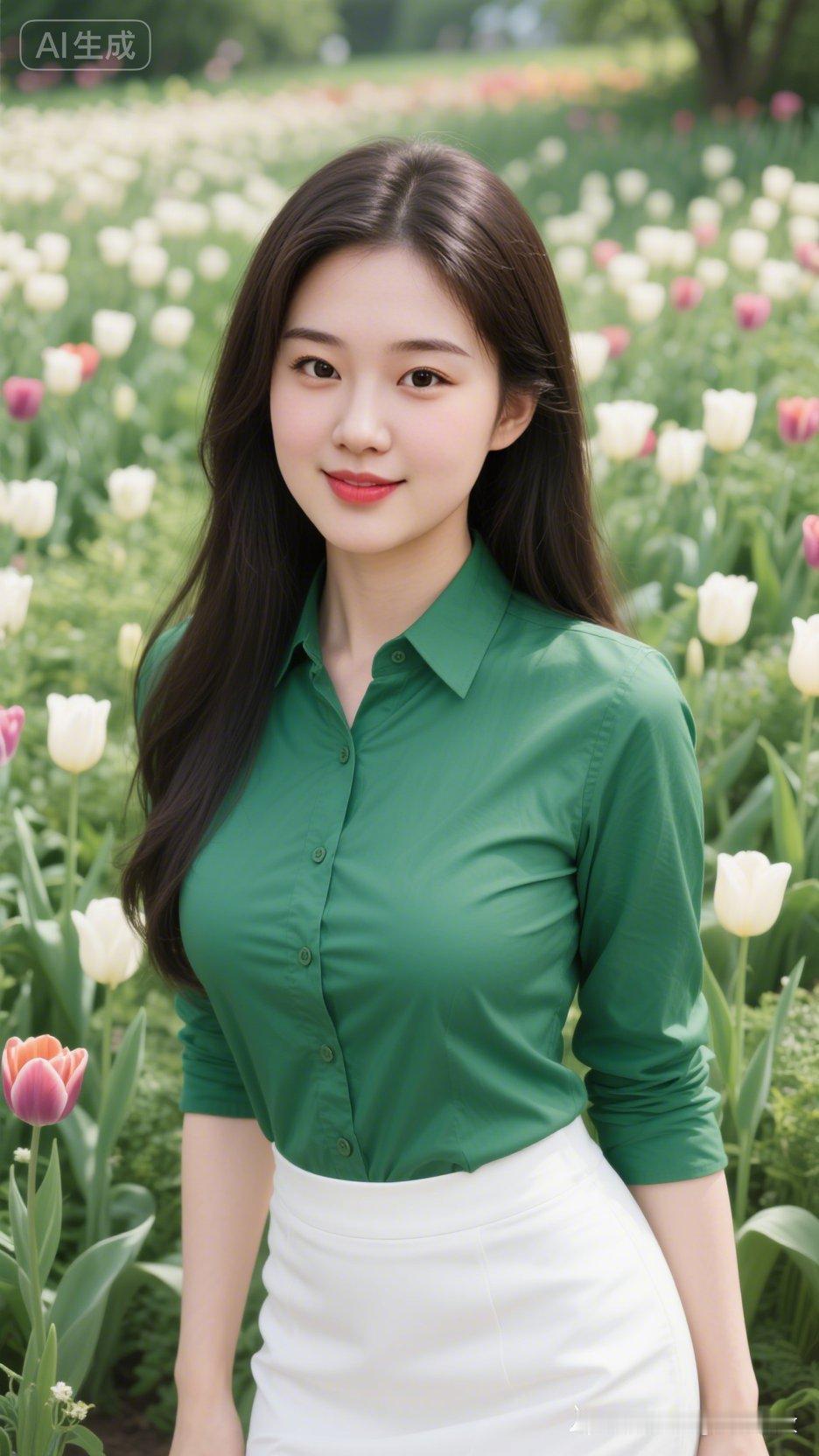 春日花海中的清新少女，绿色衬衫与白色裙摆的完美搭配，绽放自然之美！🌸💚👗